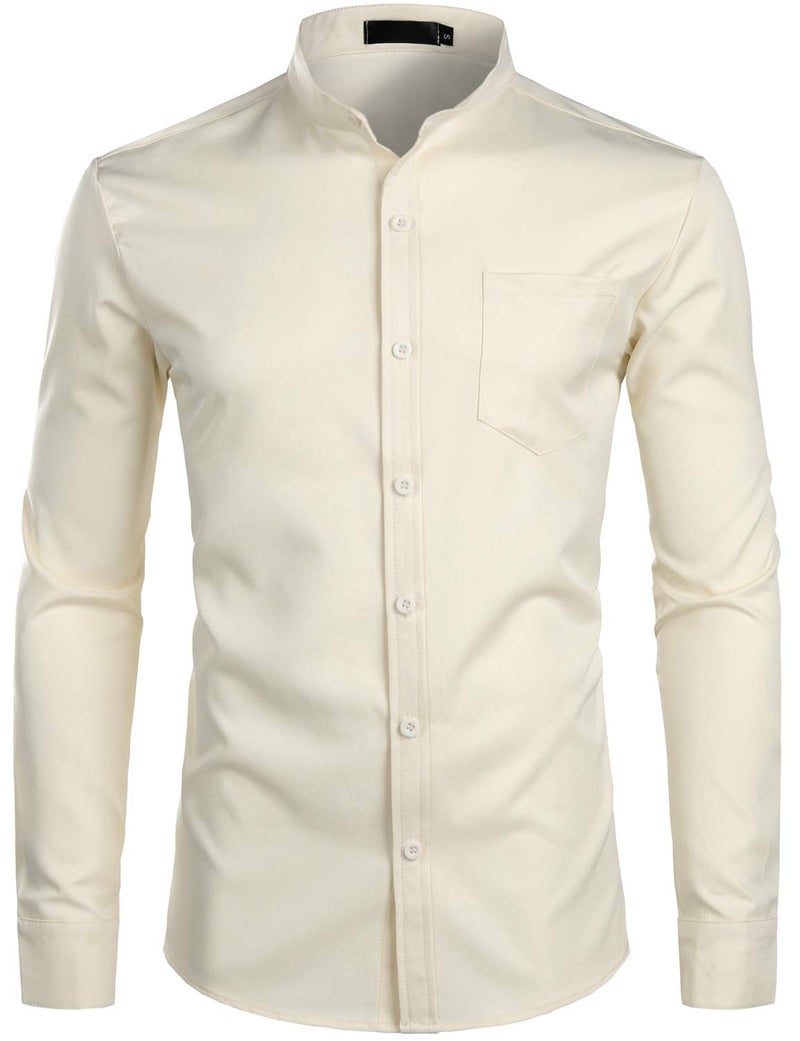 ZEROYAA Men's Banded Collar Slim Fit Long Sleeve Casual Button Down Dress Shirts with Pocket ZLCL09 Beige X-Large - Image 1